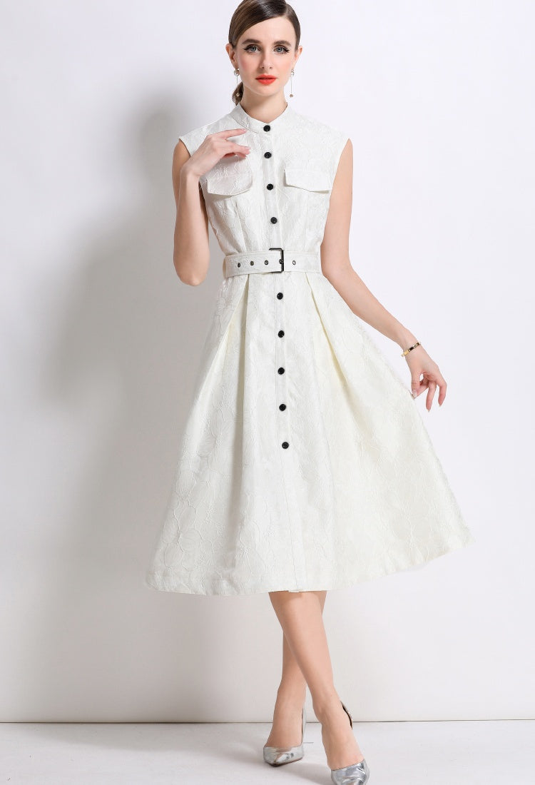 CM-DY054300 Women Elegant European Style Stand Collar Sleeveless Slim Mid-Length Dress - Apricot