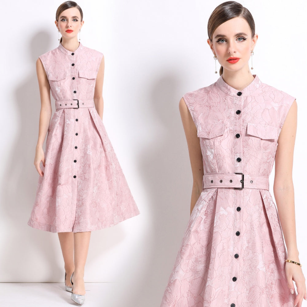 CM-DY054301 Women Elegant European Style Stand Collar Sleeveless Slim Mid-Length Dress - Pink