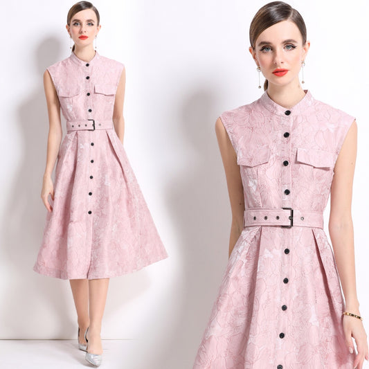 CM-DY054301 Women Elegant European Style Stand Collar Sleeveless Slim Mid-Length Dress - Pink