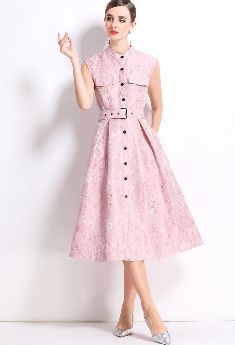 CM-DY054301 Women Elegant European Style Stand Collar Sleeveless Slim Mid-Length Dress - Pink