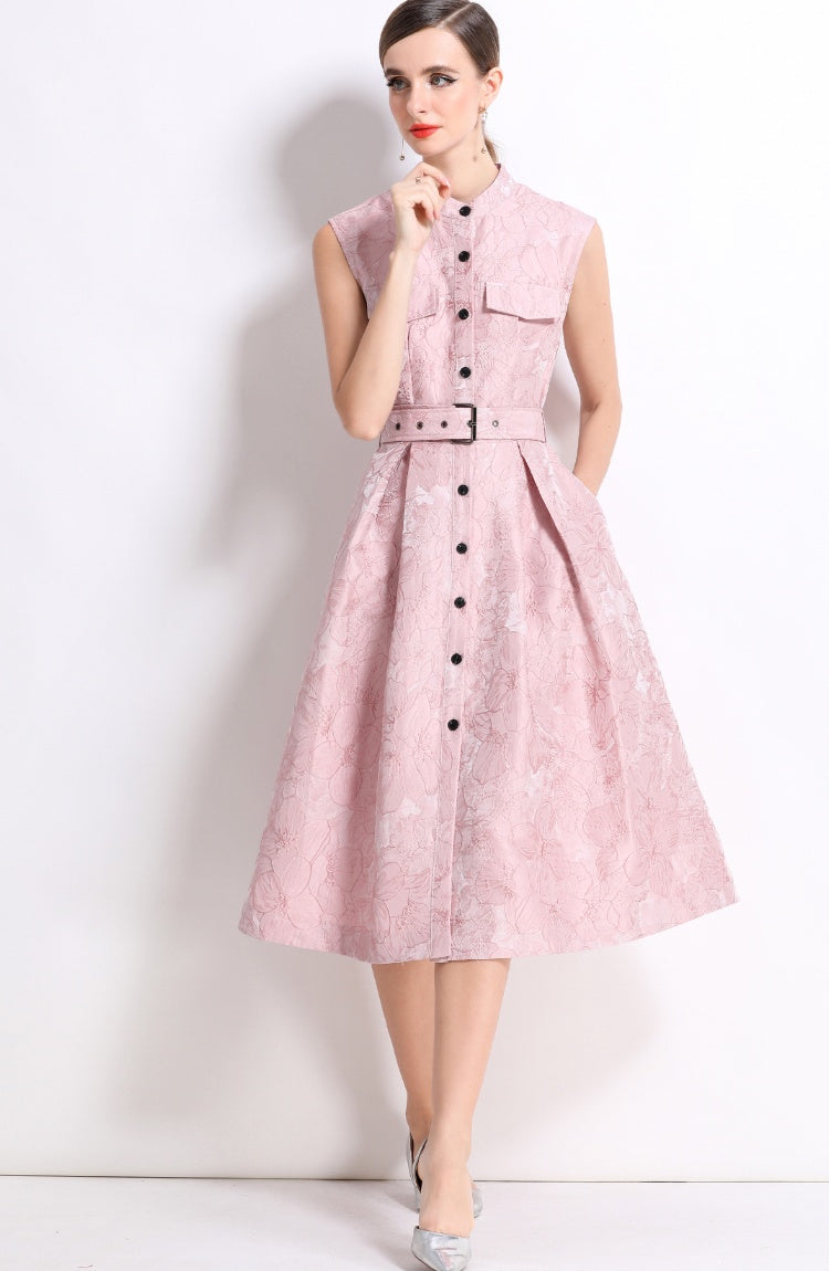 CM-DY054301 Women Elegant European Style Stand Collar Sleeveless Slim Mid-Length Dress - Pink