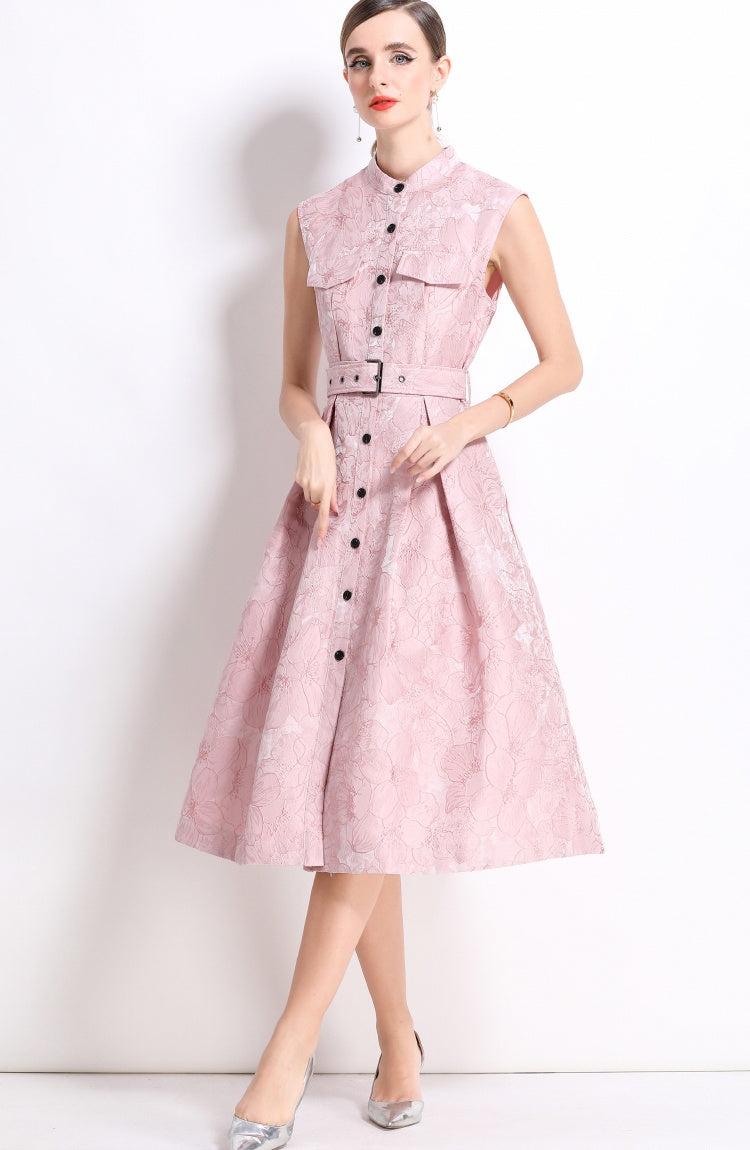 CM-DY054301 Women Elegant European Style Stand Collar Sleeveless Slim Mid-Length Dress - Pink