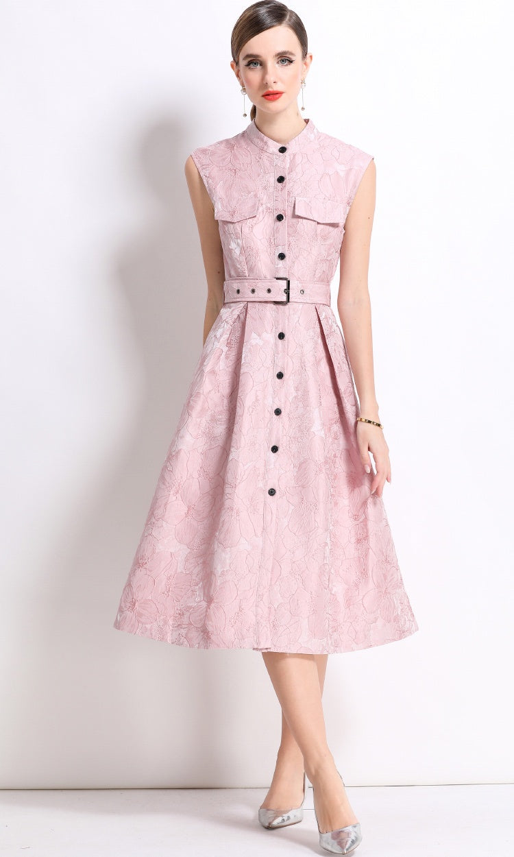 CM-DY054301 Women Elegant European Style Stand Collar Sleeveless Slim Mid-Length Dress - Pink