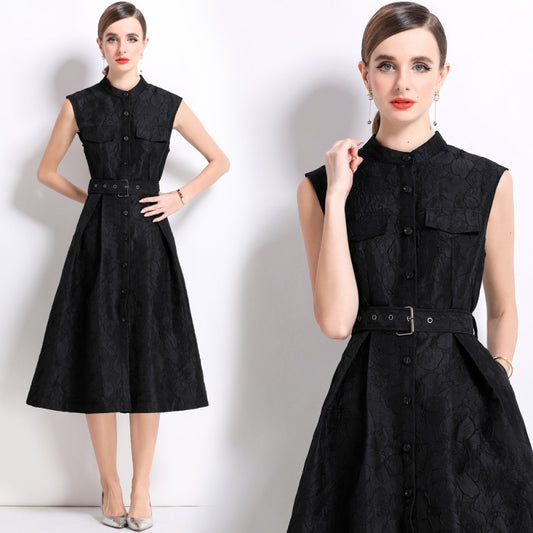 CM-DY054302 Women Elegant European Style Stand Collar Sleeveless Slim Mid-Length Dress - Black