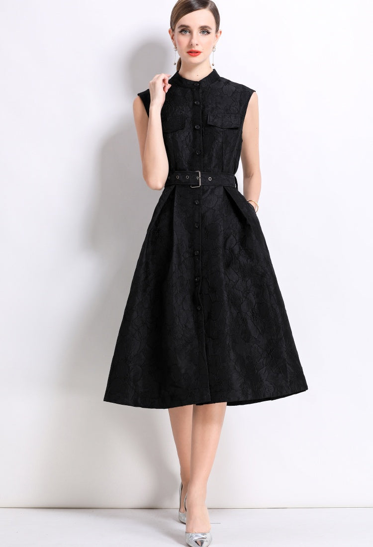 CM-DY054302 Women Elegant European Style Stand Collar Sleeveless Slim Mid-Length Dress - Black
