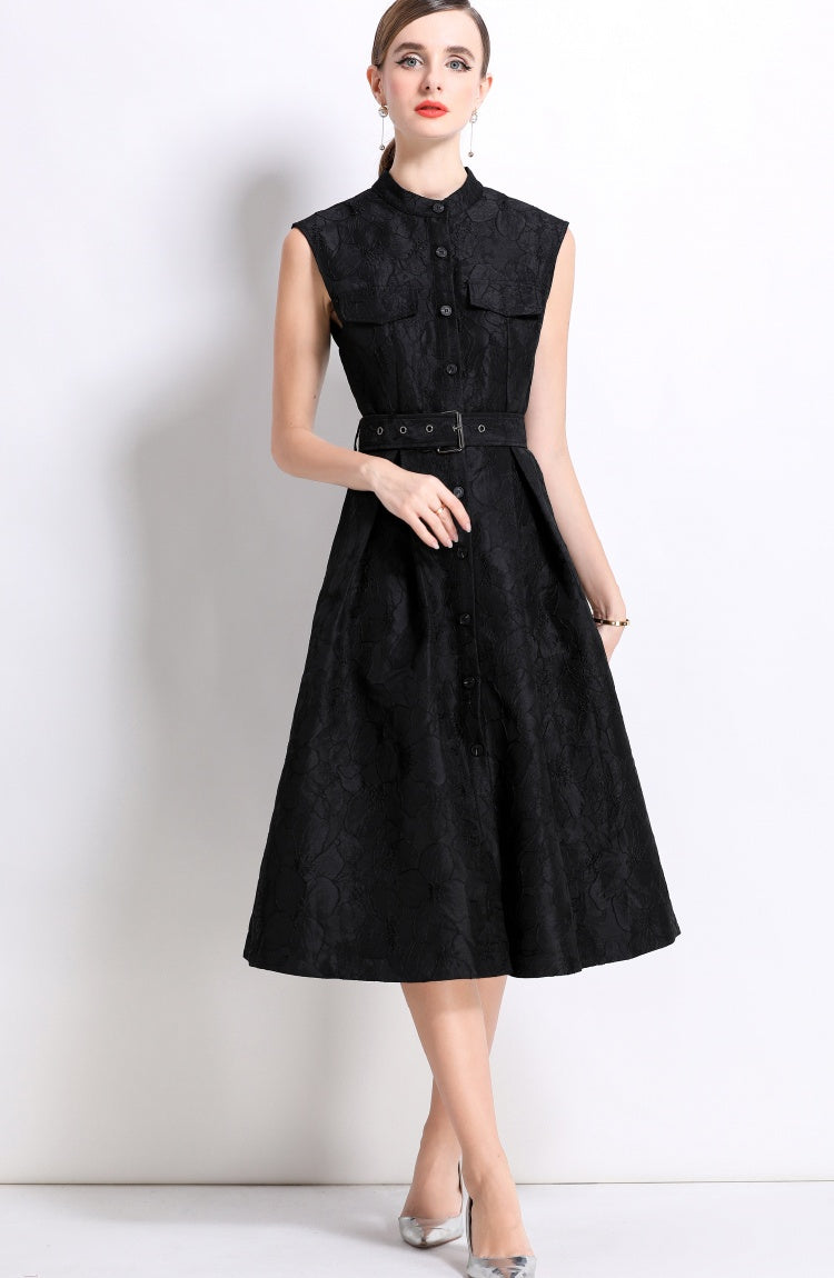 CM-DY054302 Women Elegant European Style Stand Collar Sleeveless Slim Mid-Length Dress - Black