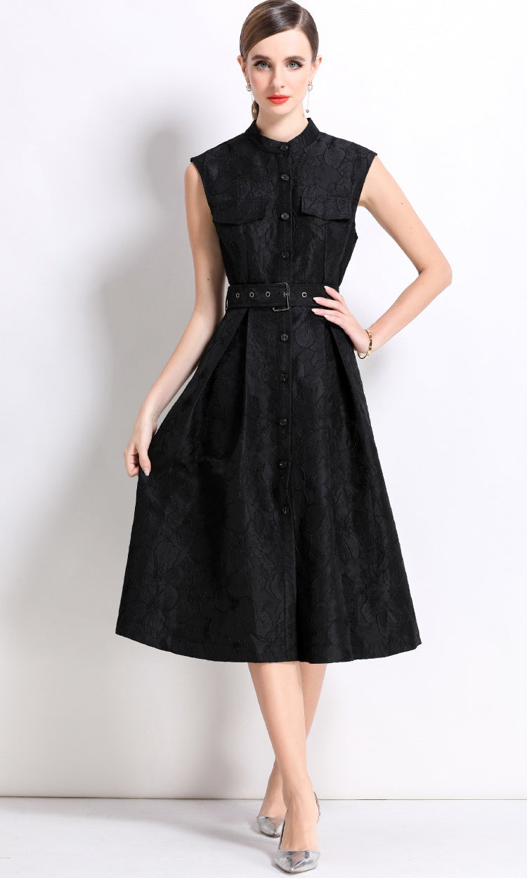 CM-DY054302 Women Elegant European Style Stand Collar Sleeveless Slim Mid-Length Dress - Black