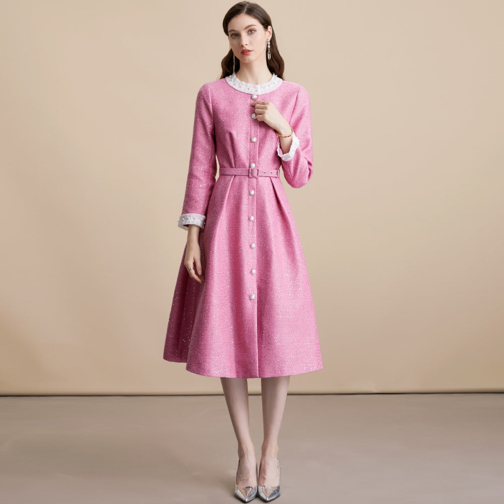 CM-DY055096 Women Elegant European Style Single-Breasted Round Neck Long Sleeve Belted Mid-Length Dress - Pink