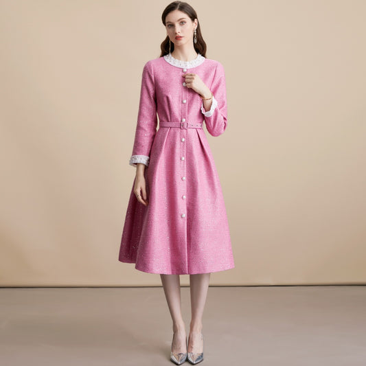 CM-DY055096 Women Elegant European Style Single-Breasted Round Neck Long Sleeve Belted Mid-Length Dress - Pink