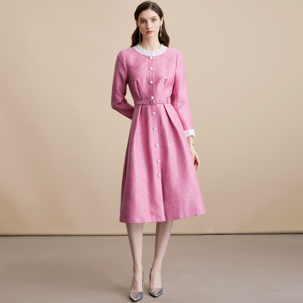 CM-DY055096 Women Elegant European Style Single-Breasted Round Neck Long Sleeve Belted Mid-Length Dress - Pink