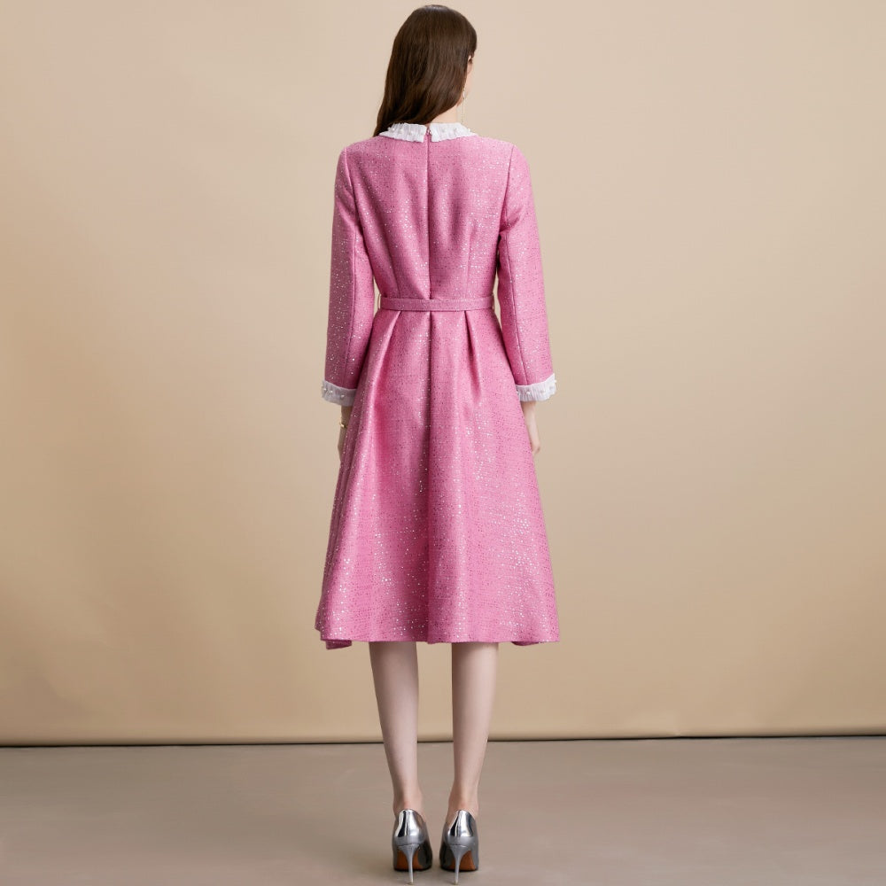 CM-DY055096 Women Elegant European Style Single-Breasted Round Neck Long Sleeve Belted Mid-Length Dress - Pink