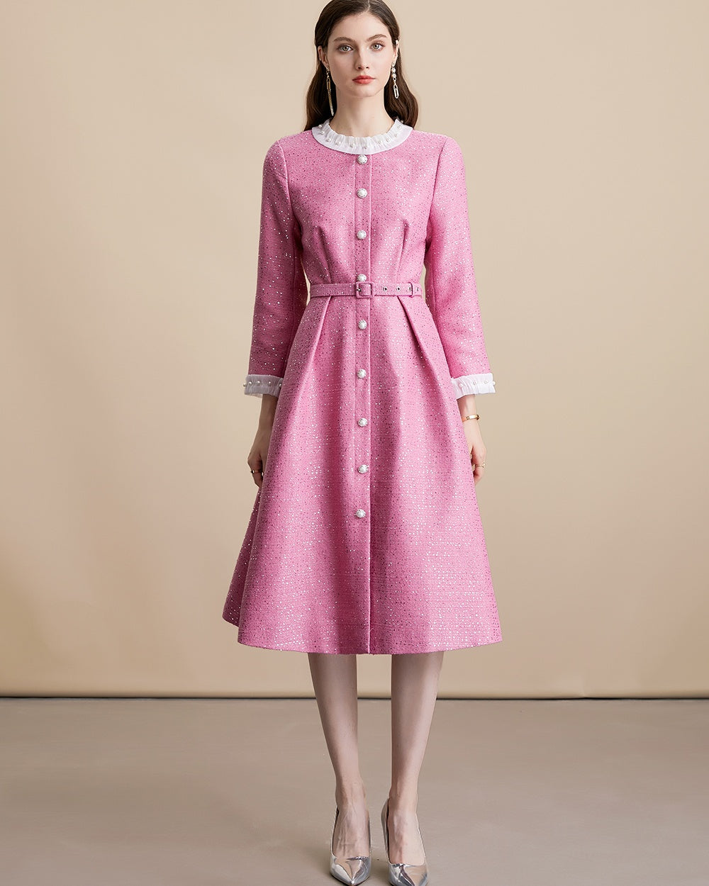 CM-DY055096 Women Elegant European Style Single-Breasted Round Neck Long Sleeve Belted Mid-Length Dress - Pink