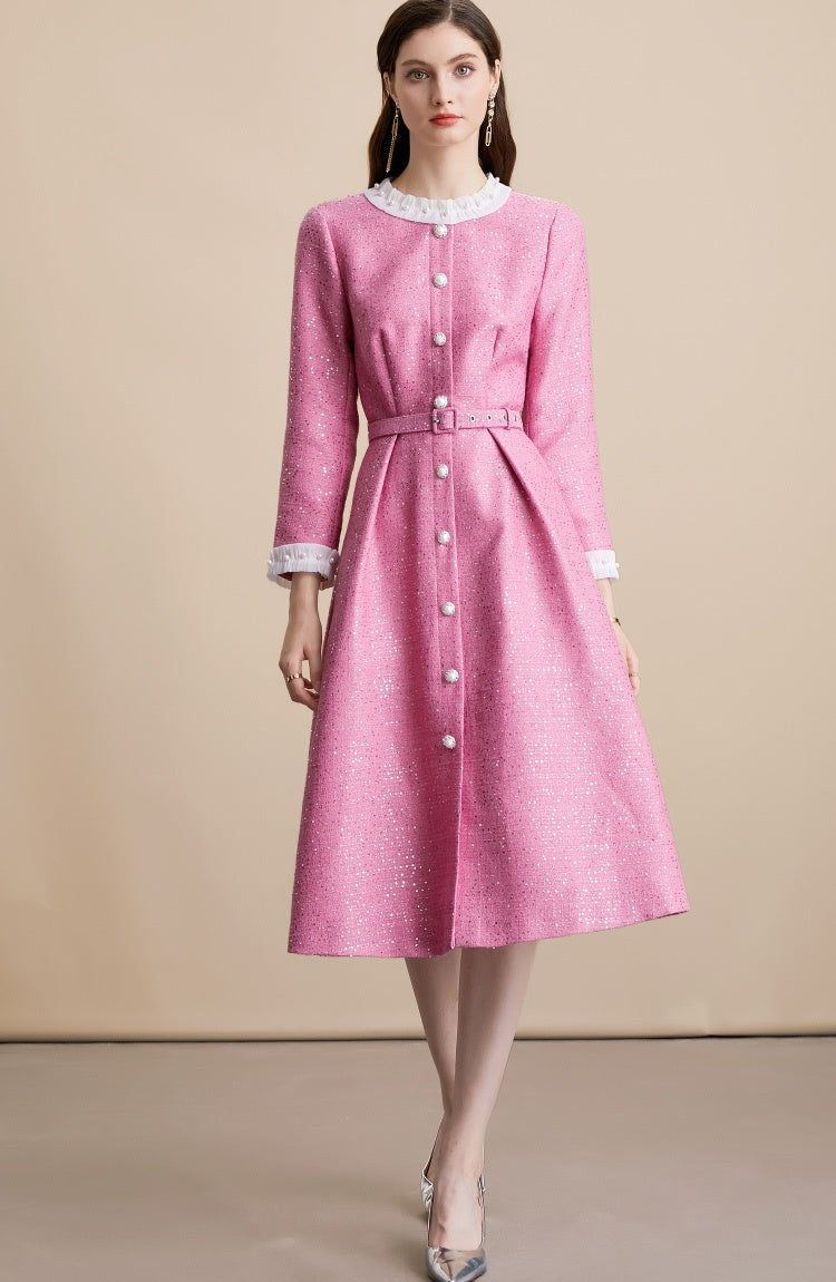CM-DY055096 Women Elegant European Style Single-Breasted Round Neck Long Sleeve Belted Mid-Length Dress - Pink