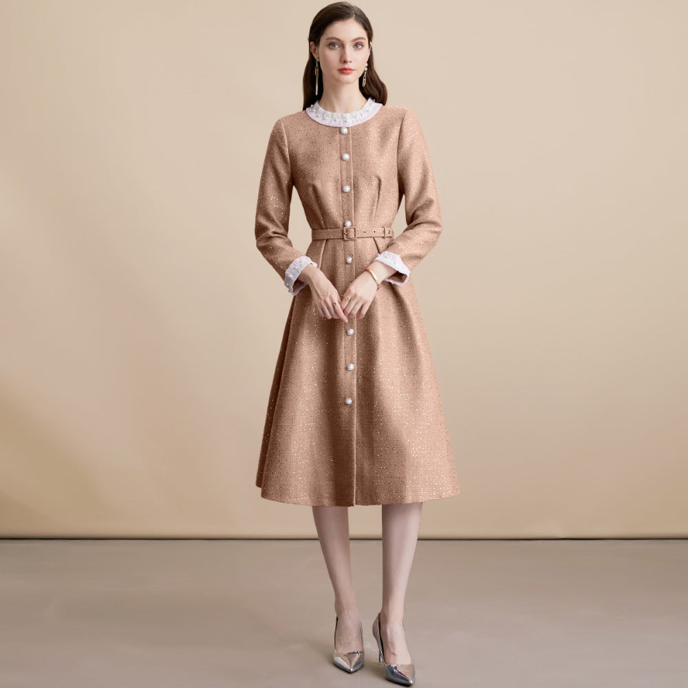 CM-DY055097 Women Elegant European Style Single-Breasted Round Neck Long Sleeve Belted Mid-Length Dress - Khaki