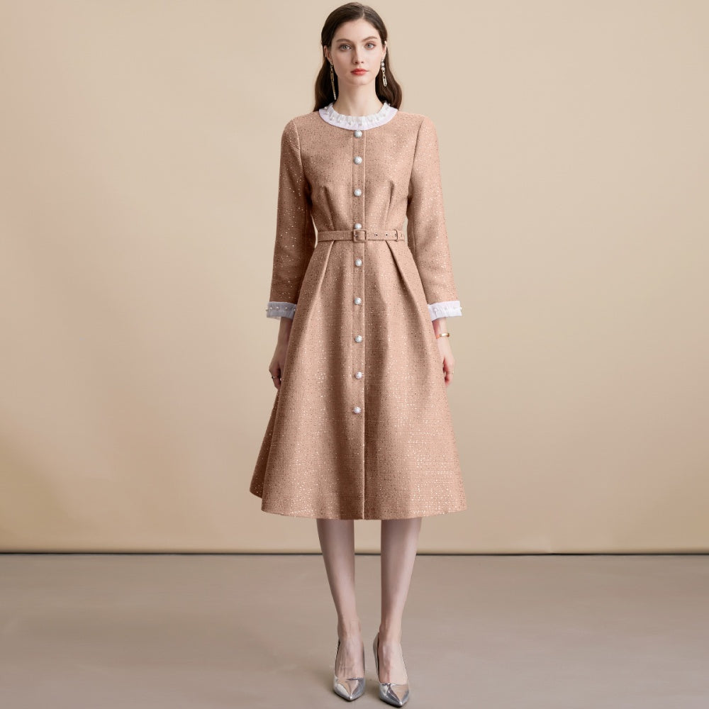 CM-DY055097 Women Elegant European Style Single-Breasted Round Neck Long Sleeve Belted Mid-Length Dress - Khaki