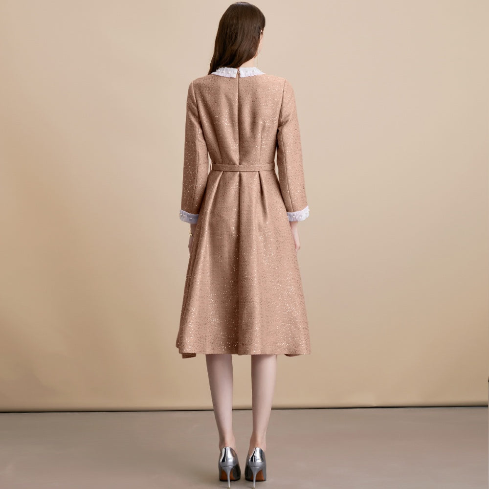 CM-DY055097 Women Elegant European Style Single-Breasted Round Neck Long Sleeve Belted Mid-Length Dress - Khaki