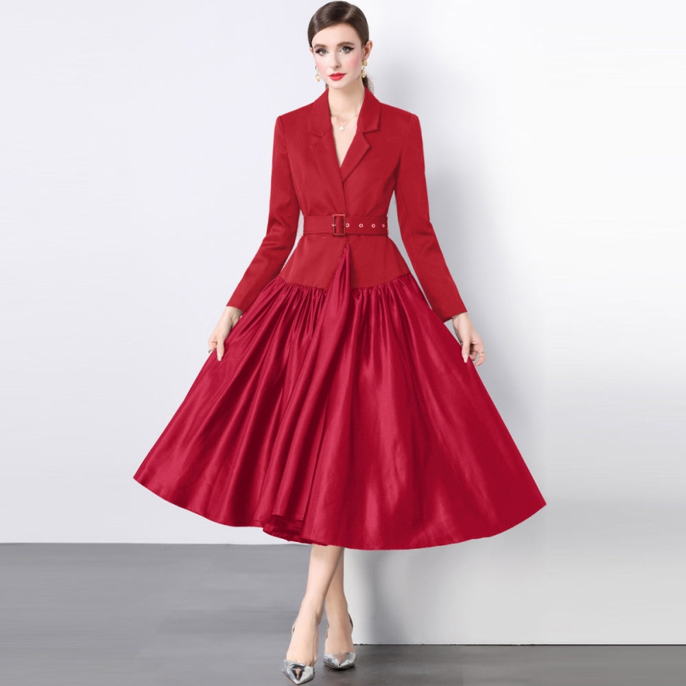 CM-DY055098 Women Elegant European Style Suit Collar Long Sleeve A-Line Mid-Length Dress - Red