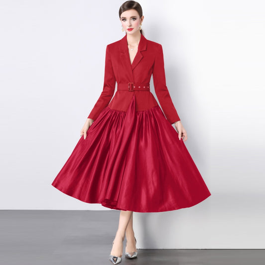 CM-DY055098 Women Elegant European Style Suit Collar Long Sleeve A-Line Mid-Length Dress - Red