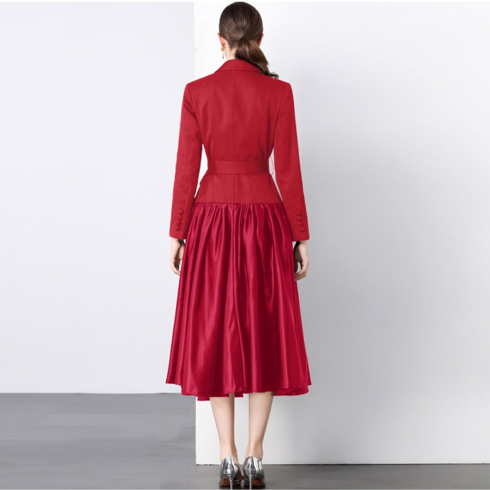 CM-DY055098 Women Elegant European Style Suit Collar Long Sleeve A-Line Mid-Length Dress - Red