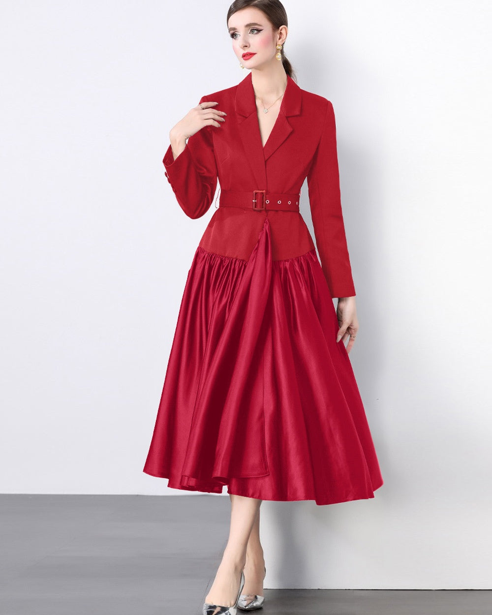CM-DY055098 Women Elegant European Style Suit Collar Long Sleeve A-Line Mid-Length Dress - Red