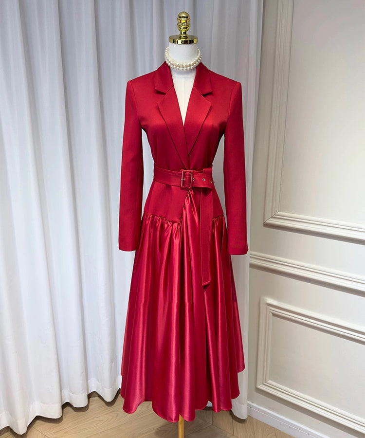 CM-DY055098 Women Elegant European Style Suit Collar Long Sleeve A-Line Mid-Length Dress - Red