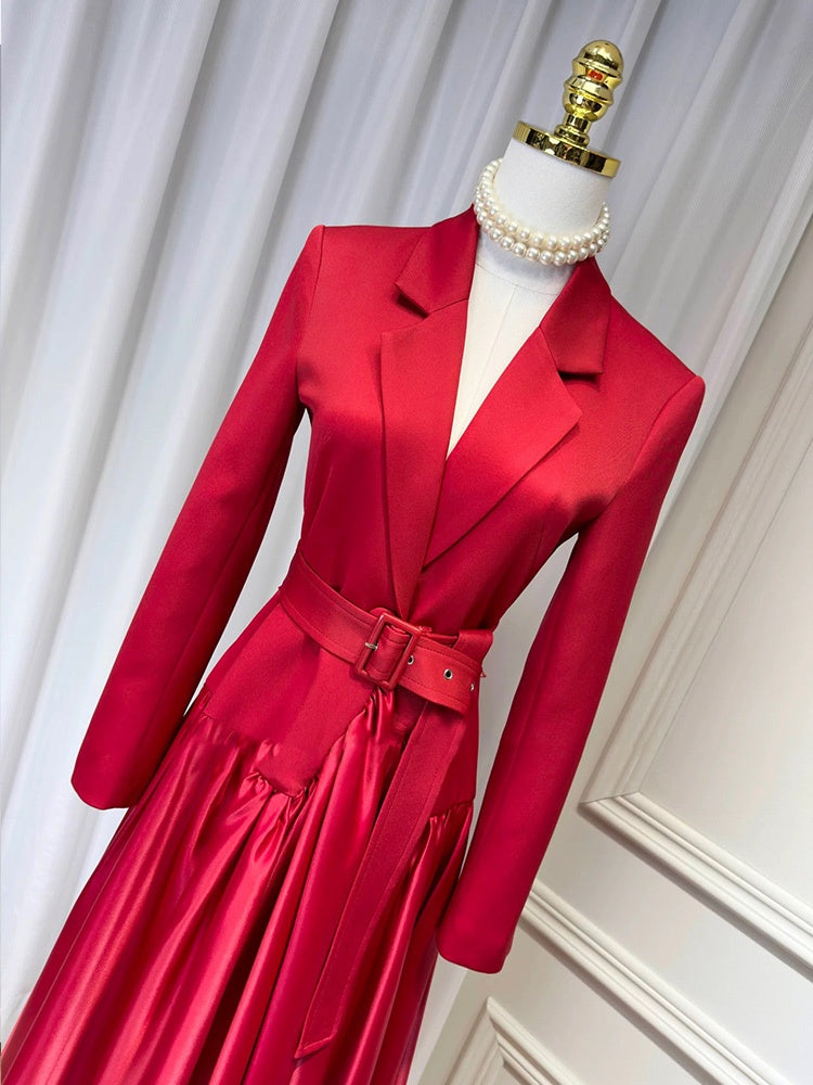 CM-DY055098 Women Elegant European Style Suit Collar Long Sleeve A-Line Mid-Length Dress - Red