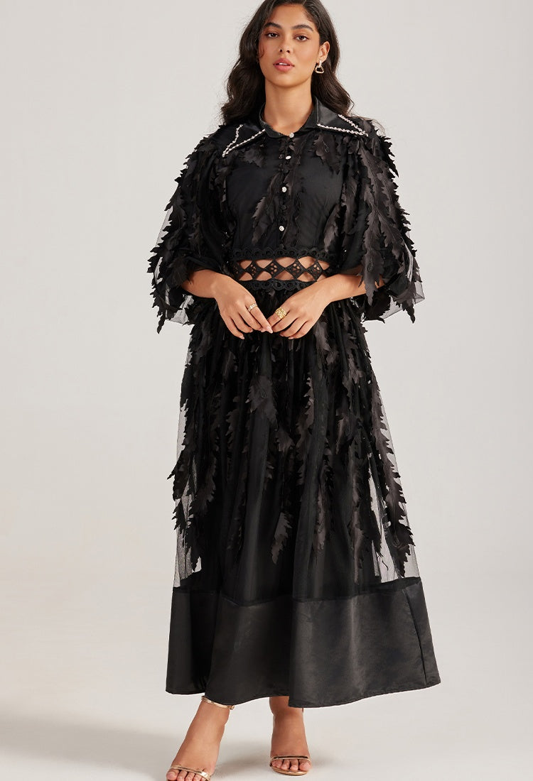 CM-DY055505 Women Elegant European Style Collar Rhinestone Neckline Half Sleeve Hollow Out Long Dress - Black