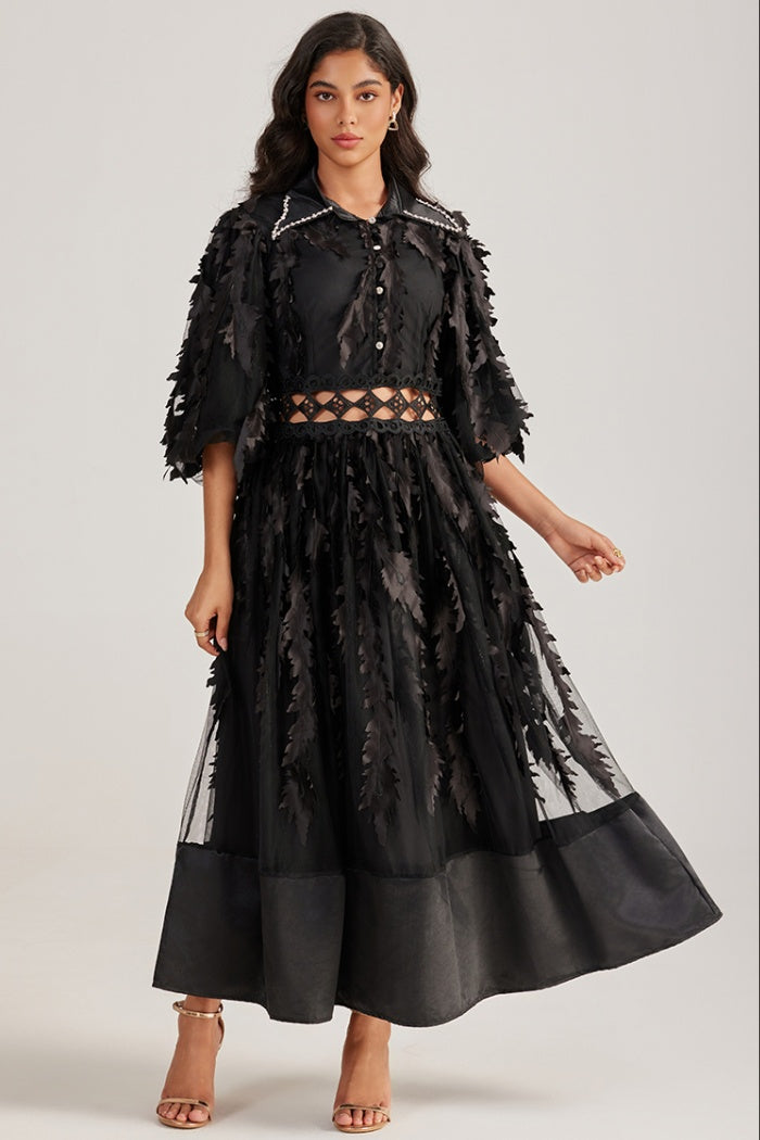 CM-DY055505 Women Elegant European Style Collar Rhinestone Neckline Half Sleeve Hollow Out Long Dress - Black