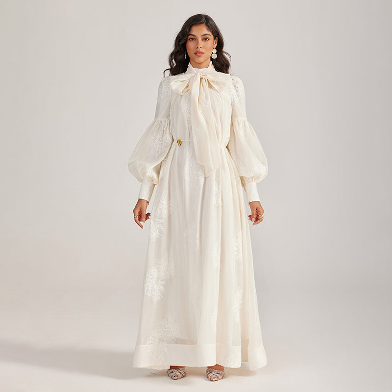 CM-DY055506 Women Elegant European Style Tie Neckline Lantern Sleeve Long Dress (Available in 2 colors)