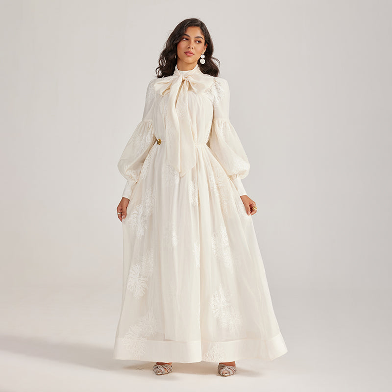 CM-DY055506 Women Elegant European Style Tie Neckline Lantern Sleeve Long Dress (Available in 2 colors)