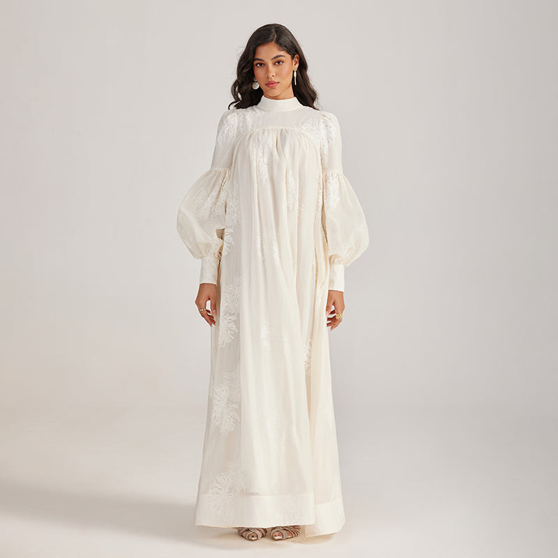 CM-DY055506 Women Elegant European Style Tie Neckline Lantern Sleeve Long Dress (Available in 2 colors)