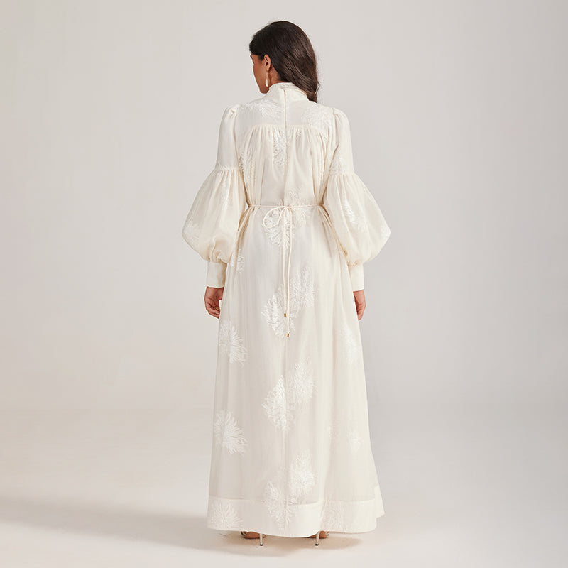 CM-DY055506 Women Elegant European Style Tie Neckline Lantern Sleeve Long Dress (Available in 2 colors)