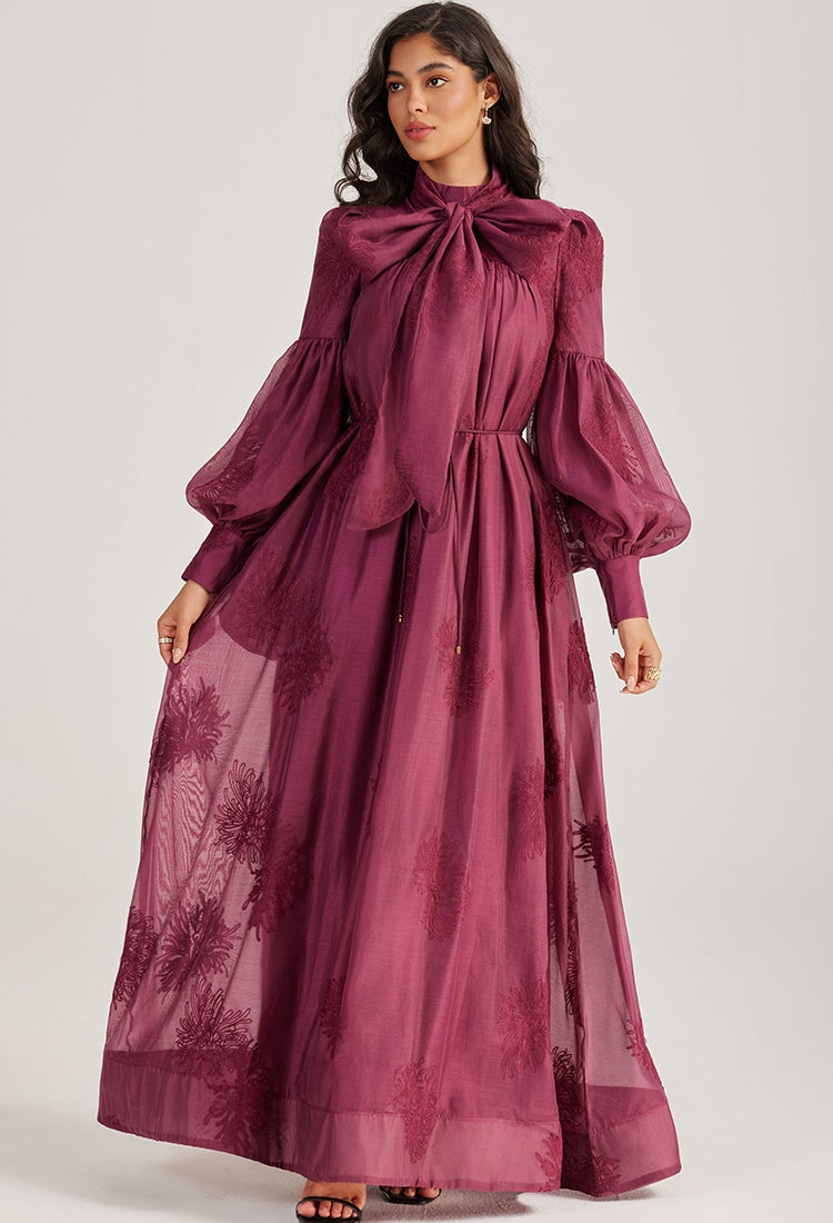 CM-DY055506 Women Elegant European Style Tie Neckline Lantern Sleeve Long Dress (Available in 2 colors)