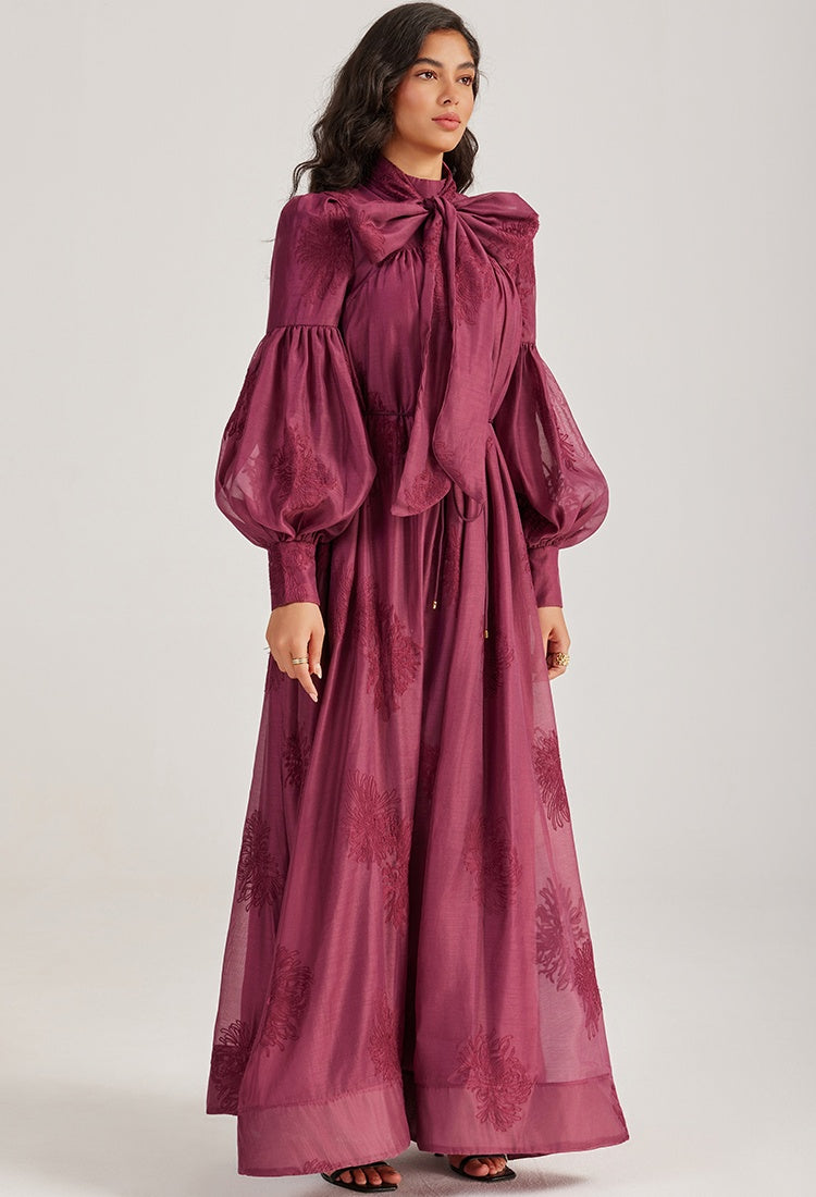 CM-DY055506 Women Elegant European Style Tie Neckline Lantern Sleeve Long Dress (Available in 2 colors)