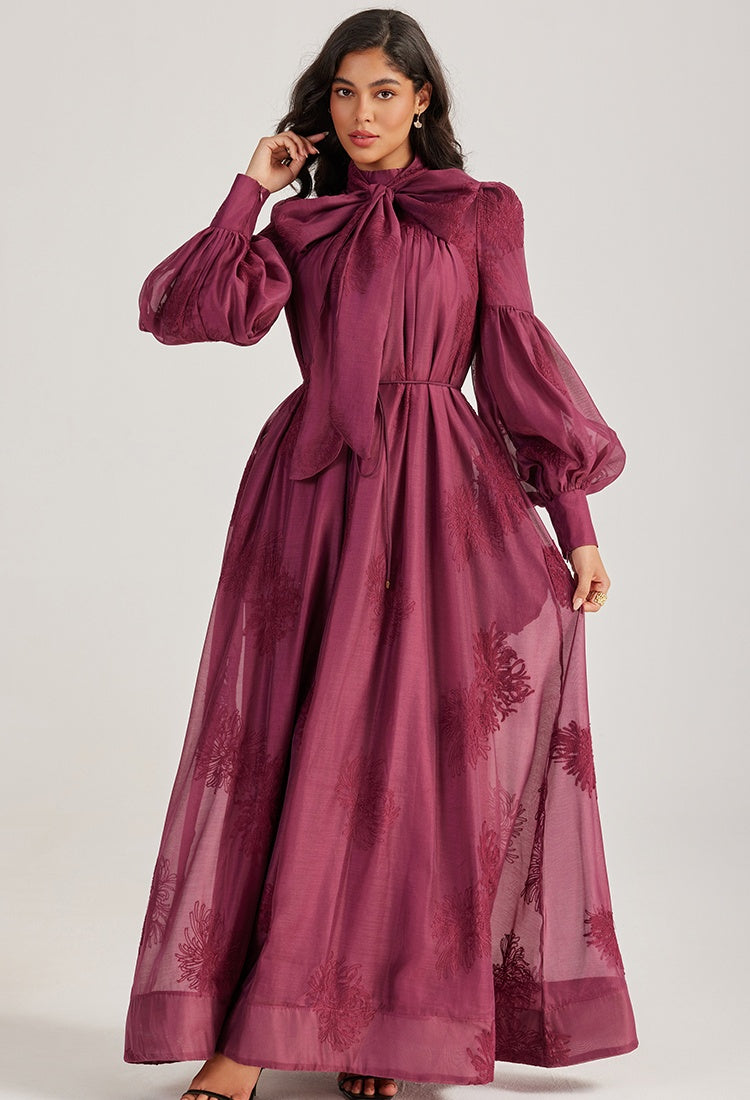 CM-DY055506 Women Elegant European Style Tie Neckline Lantern Sleeve Long Dress (Available in 2 colors)