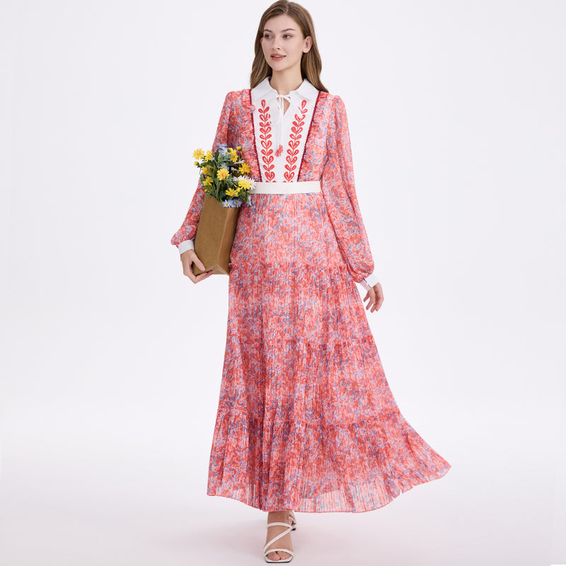 CM-DY055543 Women Elegant European Style Collar Neckline Lantern Sleeve Chiffon Floral Print Maxi Dress