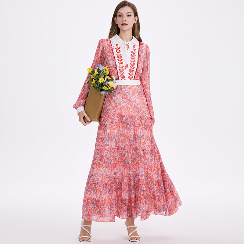 CM-DY055543 Women Elegant European Style Collar Neckline Lantern Sleeve Chiffon Floral Print Maxi Dress