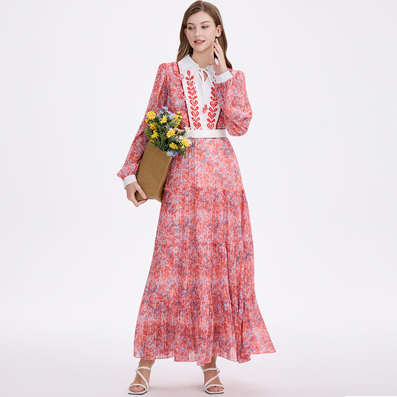 CM-DY055543 Women Elegant European Style Collar Neckline Lantern Sleeve Chiffon Floral Print Maxi Dress