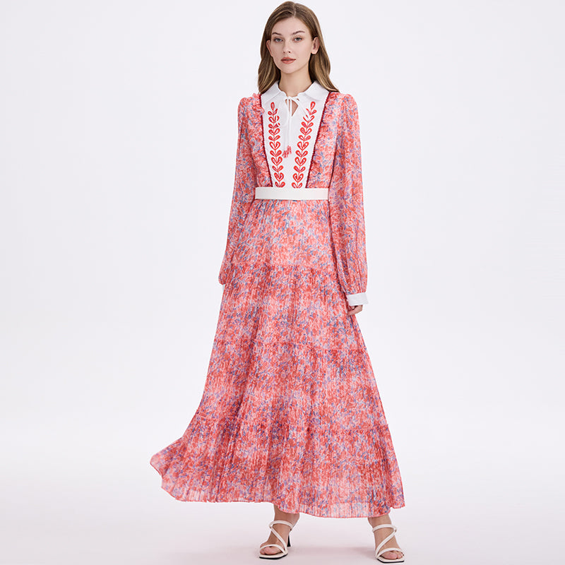 CM-DY055543 Women Elegant European Style Collar Neckline Lantern Sleeve Chiffon Floral Print Maxi Dress