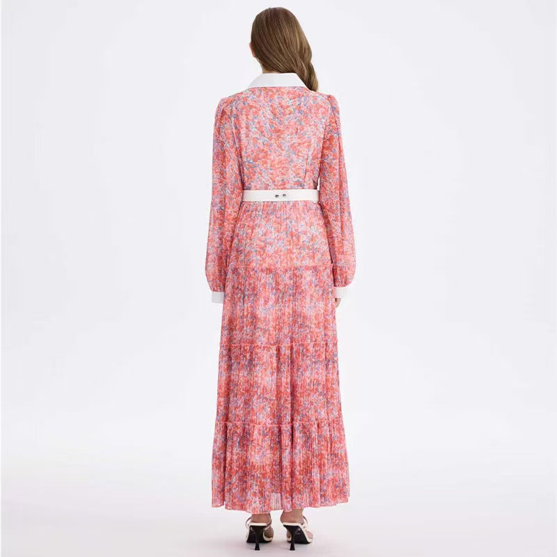CM-DY055543 Women Elegant European Style Collar Neckline Lantern Sleeve Chiffon Floral Print Maxi Dress