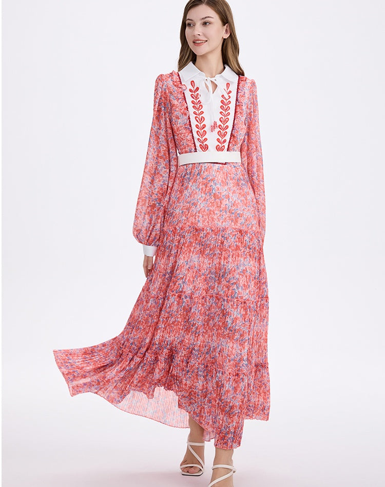 CM-DY055543 Women Elegant European Style Collar Neckline Lantern Sleeve Chiffon Floral Print Maxi Dress