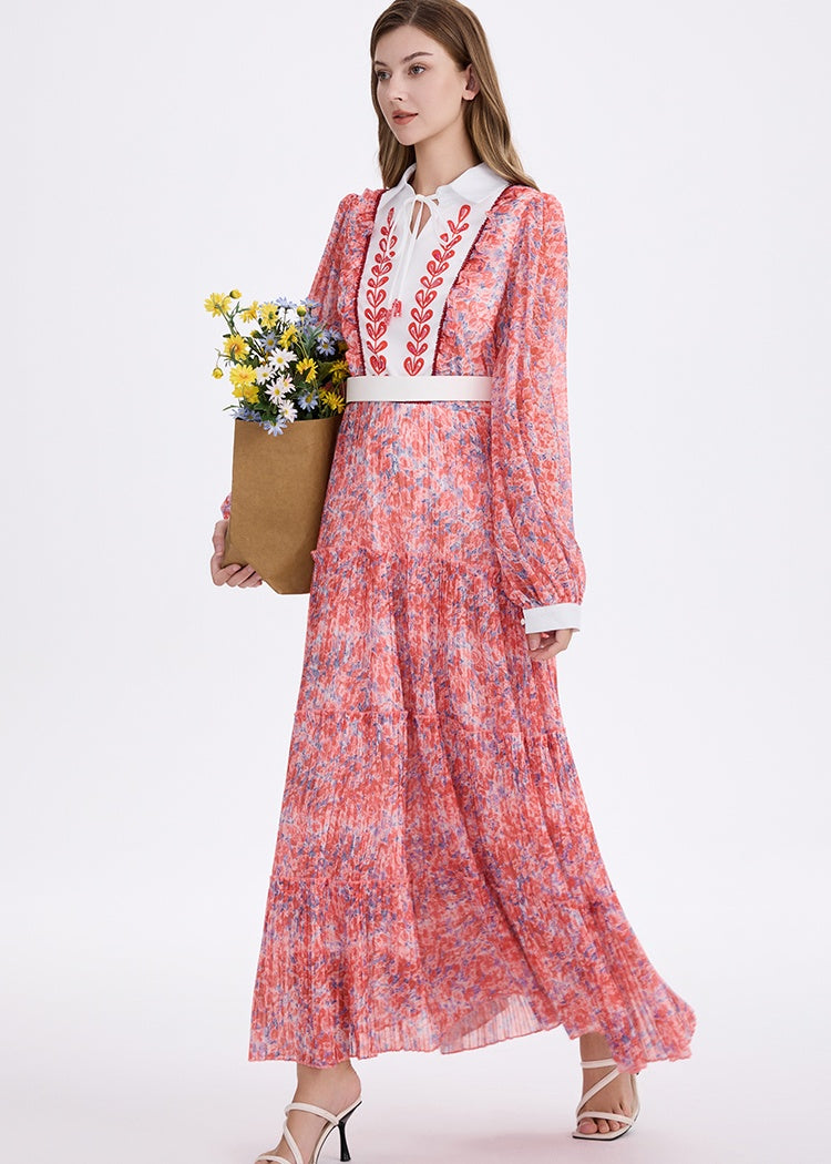 CM-DY055543 Women Elegant European Style Collar Neckline Lantern Sleeve Chiffon Floral Print Maxi Dress
