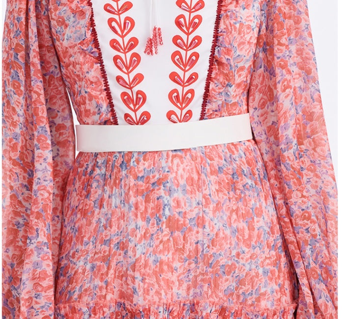 CM-DY055543 Women Elegant European Style Collar Neckline Lantern Sleeve Chiffon Floral Print Maxi Dress
