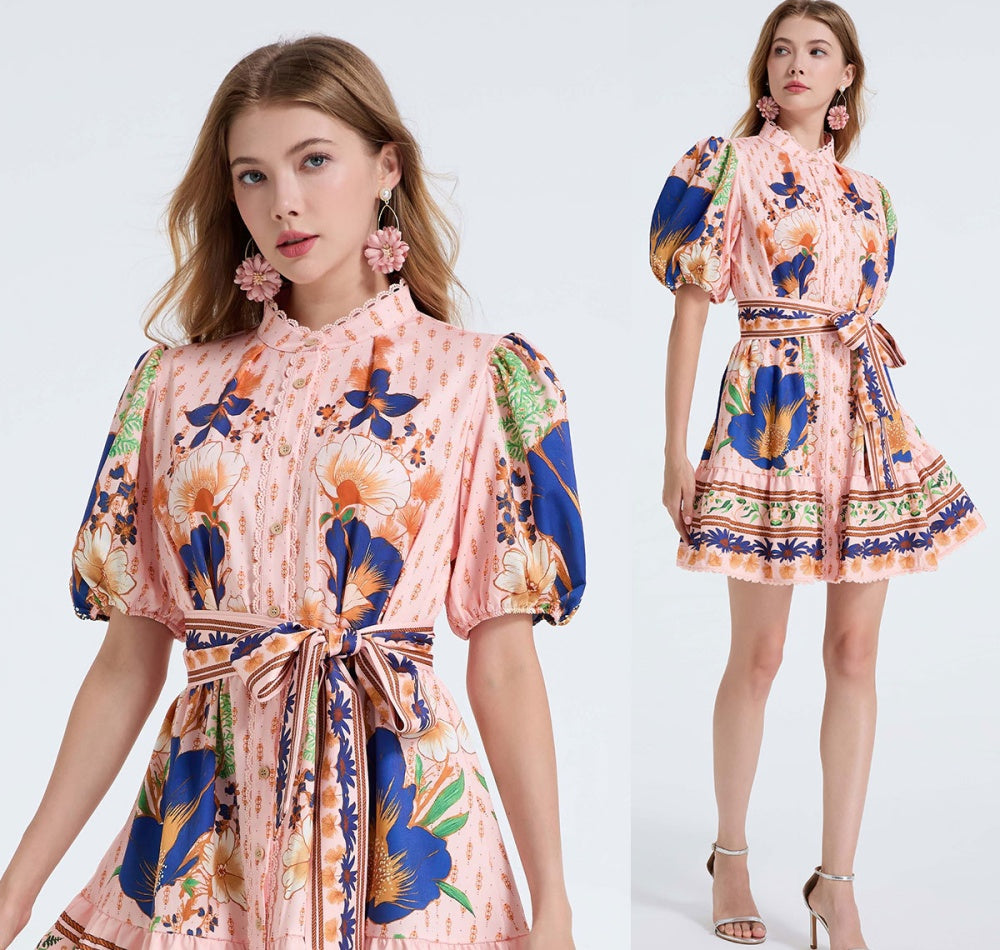CM-DY055694 Women Elegant European Style Stand Collar Puff Sleeve Lace Single-Breasted Belted Mini Dress