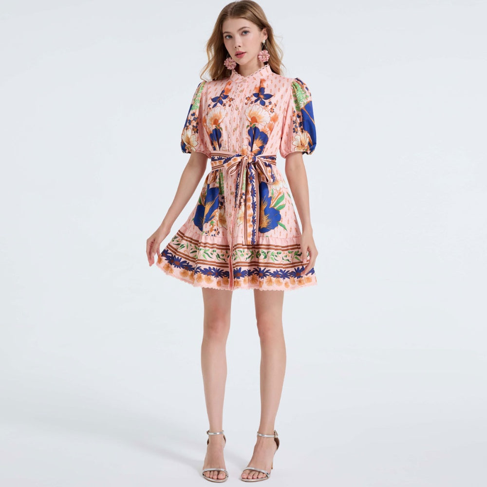 CM-DY055694 Women Elegant European Style Stand Collar Puff Sleeve Lace Single-Breasted Belted Mini Dress