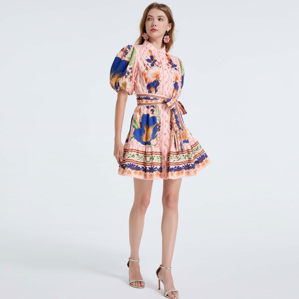 CM-DY055694 Women Elegant European Style Stand Collar Puff Sleeve Lace Single-Breasted Belted Mini Dress