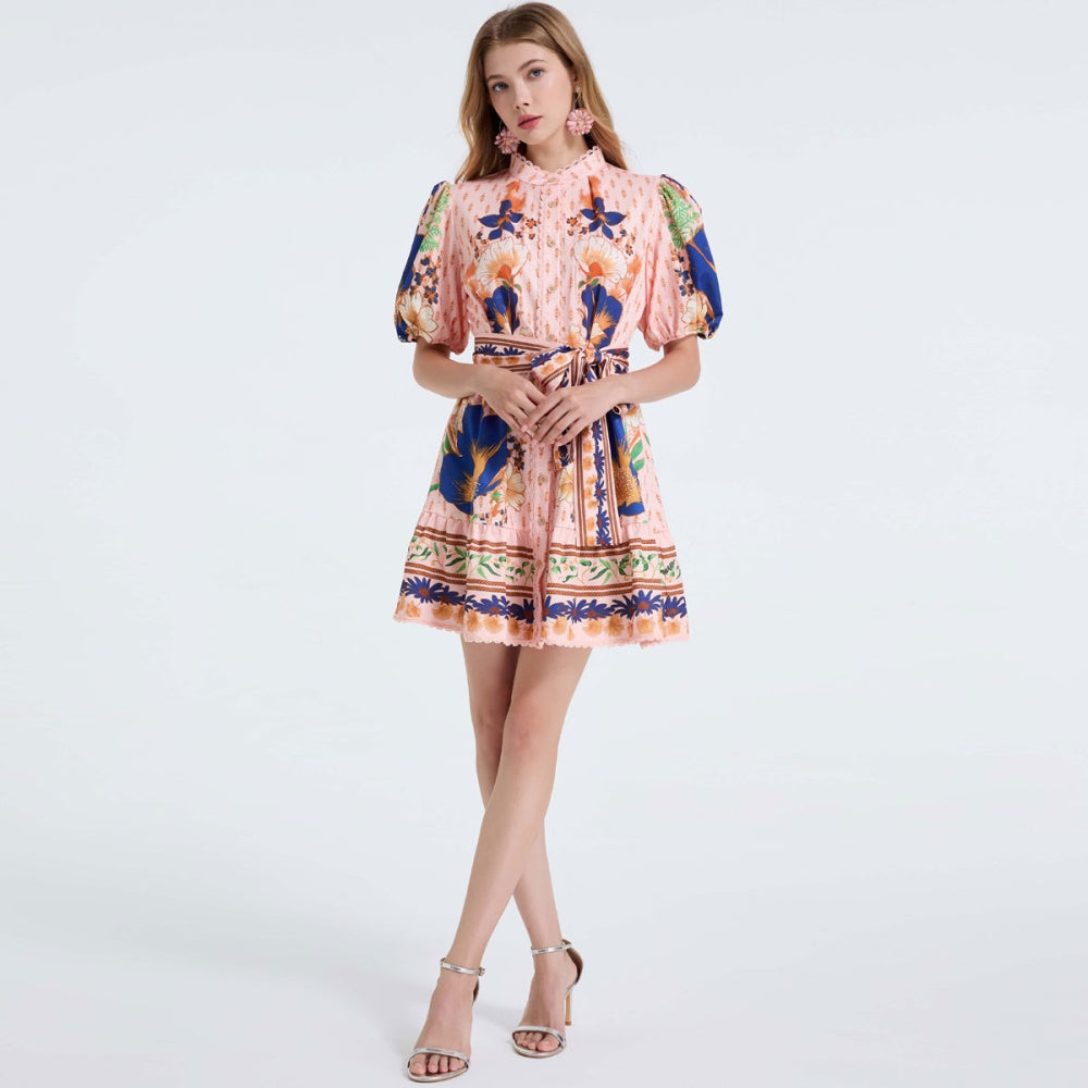 CM-DY055694 Women Elegant European Style Stand Collar Puff Sleeve Lace Single-Breasted Belted Mini Dress