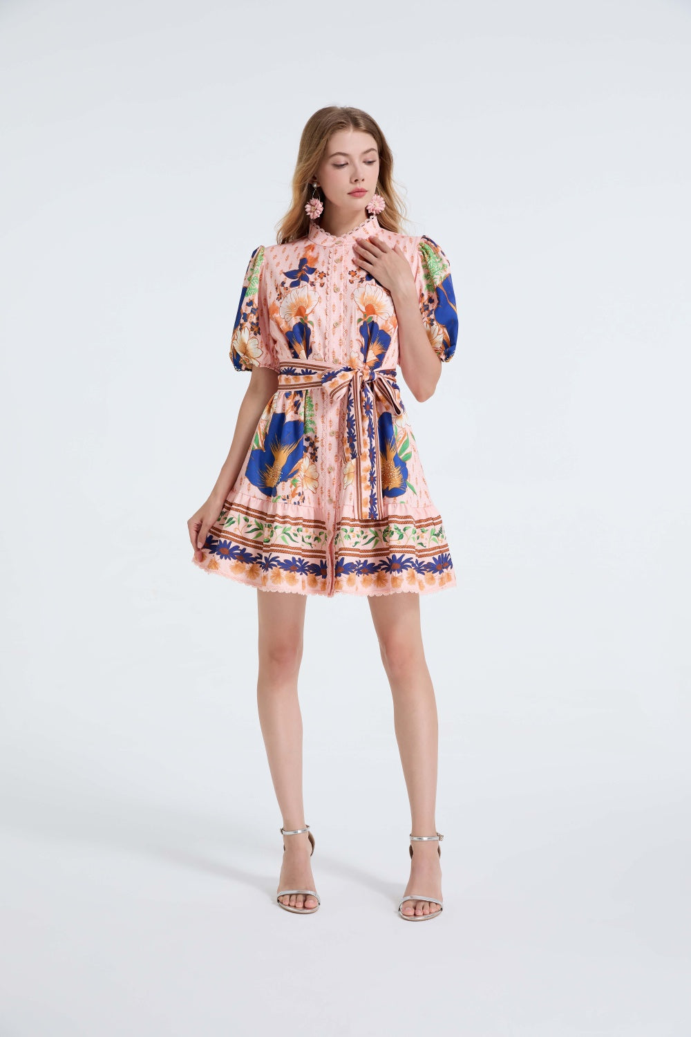 CM-DY055694 Women Elegant European Style Stand Collar Puff Sleeve Lace Single-Breasted Belted Mini Dress
