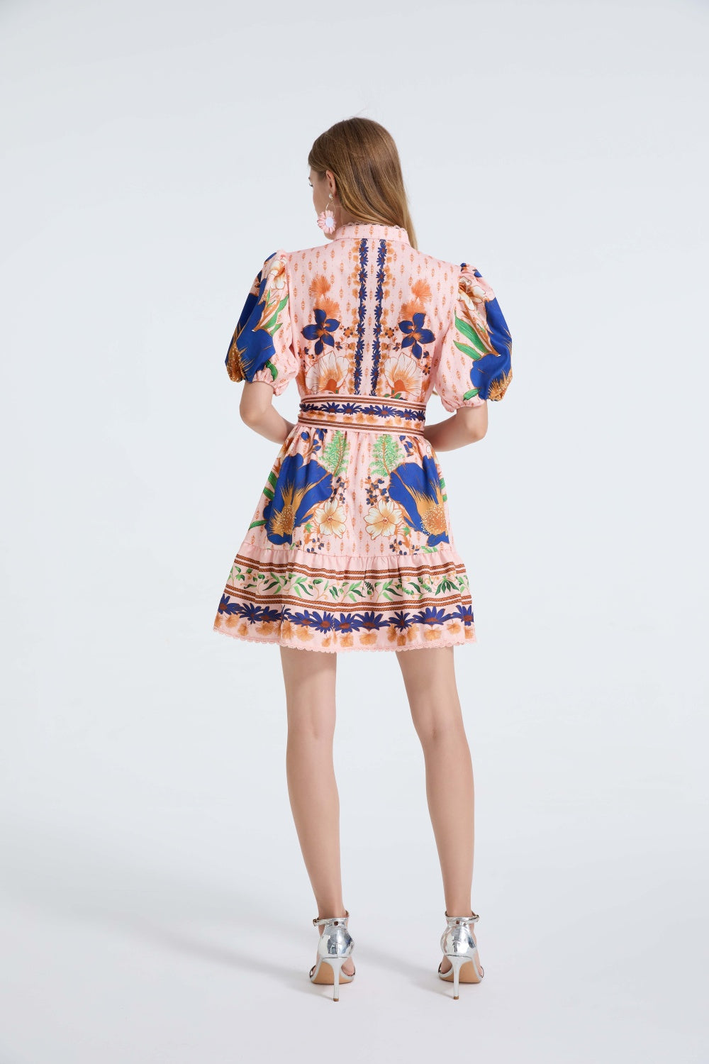 CM-DY055694 Women Elegant European Style Stand Collar Puff Sleeve Lace Single-Breasted Belted Mini Dress