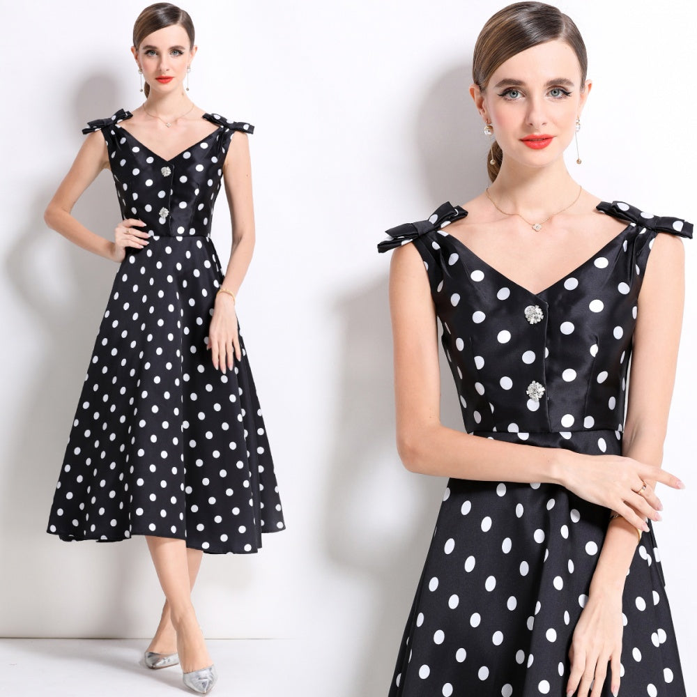 CM-DY055997 Women Elegant European Style V-Neck Sleeveless Bow Rhinestone Decor Mid-Length A-Line Dress - Black